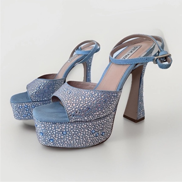 Steve Madden Blue Lightness Rhinestone Chunky Platform Heels Sandals Shoes - Picture 5 of 9
